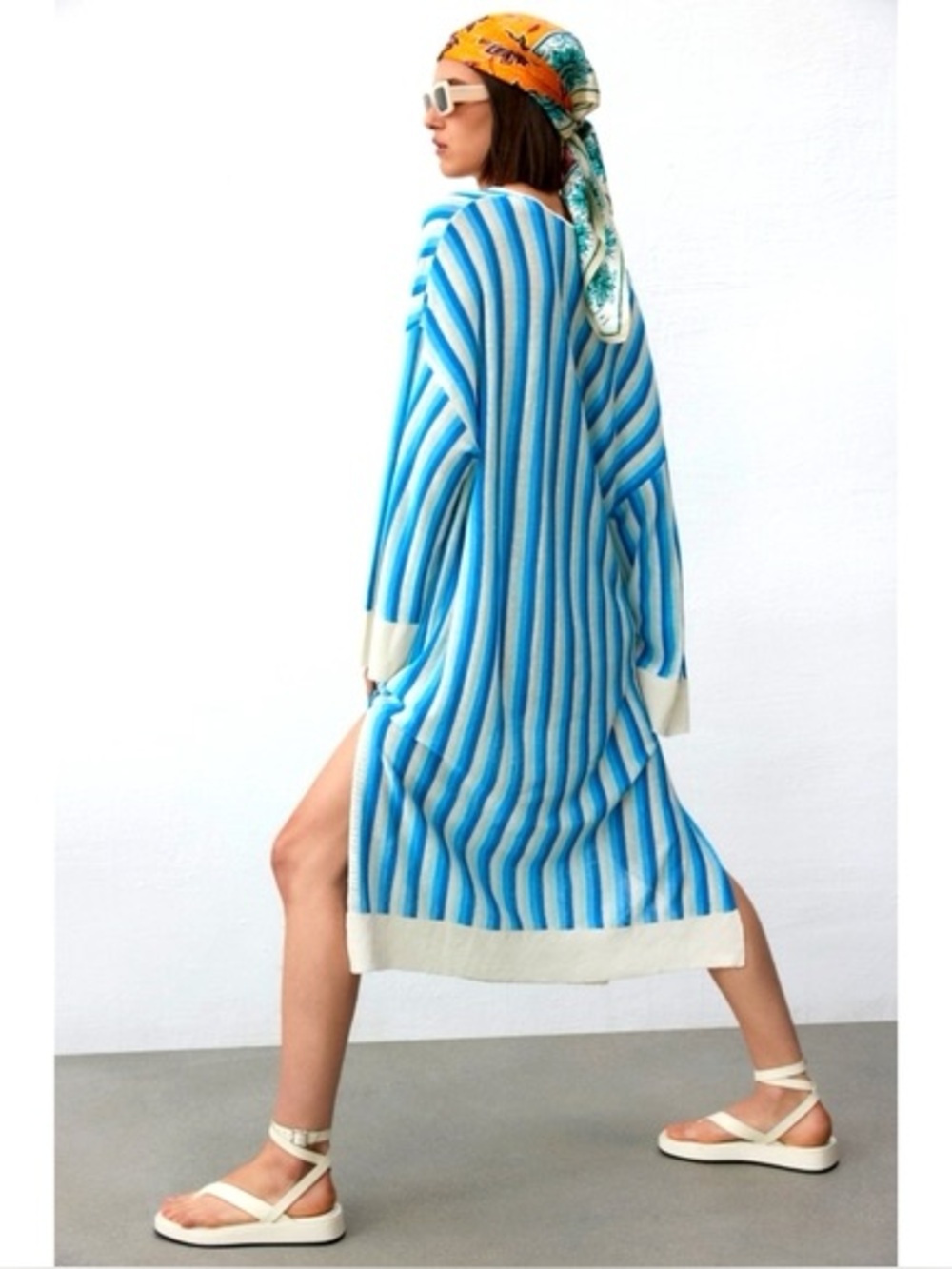 Zara Blue and Cream Striped V-Neck Knit Dress